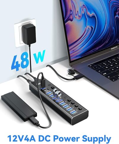 موزع USB 3.2 يعمل بالطاقة، موزع LEINSIS 10 منافذ USB 3.2/USB C (10 جيجابت في الثانية USB-A 3.2 +2 USB-C 3.2 +7 منافذ USB 3.0) مع مفاتيح تشغيل/إيقاف فردية ومحول طاقة 12 فولت، محور USB من الألومنيوم يعمل بالكمبيوتر المحمول in Kuwait