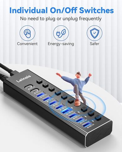 موزع USB 3.2 يعمل بالطاقة، موزع LEINSIS 10 منافذ USB 3.2/USB C (10 جيجابت في الثانية USB-A 3.2 +2 USB-C 3.2 +7 منافذ USB 3.0) مع مفاتيح تشغيل/إيقاف فردية ومحول طاقة 12 فولت، محور USB من الألومنيوم يعمل بالكمبيوتر المحمول in Kuwait
