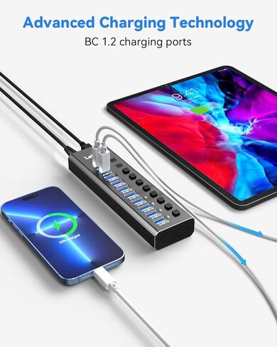 موزع USB 3.2 يعمل بالطاقة، موزع LEINSIS 10 منافذ USB 3.2/USB C (10 جيجابت في الثانية USB-A 3.2 +2 USB-C 3.2 +7 منافذ USB 3.0) مع مفاتيح تشغيل/إيقاف فردية ومحول طاقة 12 فولت، محور USB من الألومنيوم يعمل بالكمبيوتر المحمول in Kuwait