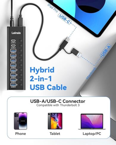 موزع USB 3.2 يعمل بالطاقة، موزع LEINSIS 10 منافذ USB 3.2/USB C (10 جيجابت في الثانية USB-A 3.2 +2 USB-C 3.2 +7 منافذ USB 3.0) مع مفاتيح تشغيل/إيقاف فردية ومحول طاقة 12 فولت، محور USB من الألومنيوم يعمل بالكمبيوتر المحمول in Kuwait