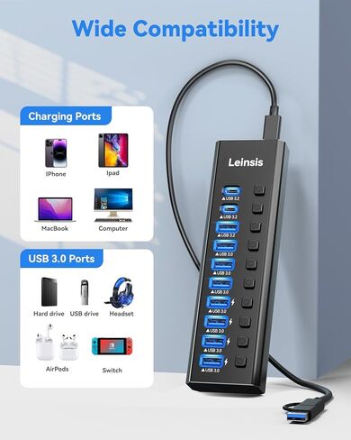 موزع USB 3.2 يعمل بالطاقة، موزع LEINSIS 10 منافذ USB 3.2/USB C (10 جيجابت في الثانية USB-A 3.2 +2 USB-C 3.2 +7 منافذ USB 3.0) مع مفاتيح تشغيل/إيقاف فردية ومحول طاقة 12 فولت، محور USB من الألومنيوم يعمل بالكمبيوتر المحمول in Kuwait