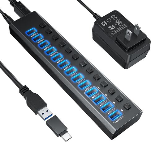 موزع USB 3.2 يعمل بالطاقة، موزع LEINSIS 10 منافذ USB 3.2/USB C (10 جيجابت في الثانية USB-A 3.2 +2 USB-C 3.2 +7 منافذ USB 3.0) مع مفاتيح تشغيل/إيقاف فردية ومحول طاقة 12 فولت، محور USB من الألومنيوم يعمل بالكمبيوتر المحمول in Kuwait
