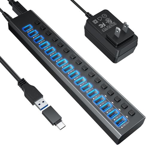 موزع USB 3.2 يعمل بالطاقة، موزع LEINSIS 10 منافذ USB 3.2/USB C (10 جيجابت في الثانية USB-A 3.2 +2 USB-C 3.2 +7 منافذ USB 3.0) مع مفاتيح تشغيل/إيقاف فردية ومحول طاقة 12 فولت، محور USB من الألومنيوم يعمل بالكمبيوتر المحمول in Kuwait