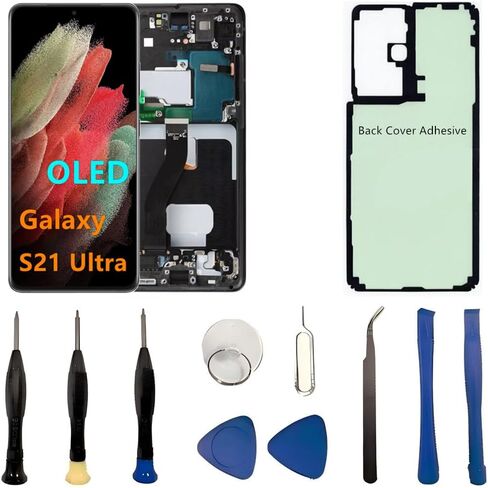 استبدال شاشة OLED Galaxy S21 Ultra LCD لهاتف Samsung Galaxy S21Ultra 5G شاشة تعمل باللمس محول الأرقام الجمعية SM-G998U SM-G998U1 يدعم بصمة الإصبع. (مع إطار أسود + غطاء خلفي لاصق + أدوات) in Saudi Arabia