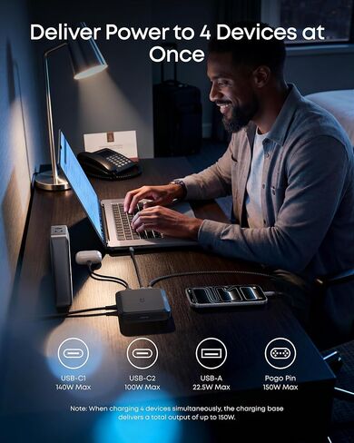 قاعدة شحن Anker، شحن بحد أقصى 150 واط لأربعة أجهزة، تعمل مع بنوك الطاقة Prime مع Pogo Pin، لأجهزة MacBook Pro/Air، Dell، iPhone 17/16 Series، Samsung، والمزيد (بنك الطاقة غير متضمن) in Kuwait