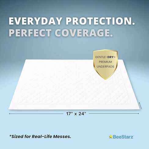 وسادات BeeStarz® Gentle-Dry+ الفاخرة، 50 قطعة - 17 بوصة × 24 بوصة، فائقة الامتصاص ومضادة للتسرب ومتعددة الأغراض للاستعمال مرة واحدة | حماية طوال اليوم للأطفال والكبار والحيوانات الأليفة والأسطح - المنزل والسفر in Kuwait