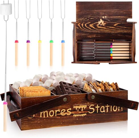 4 in 1 Smores Station with Handles 6 Pcs 32'' Marshmallow Roasting Sticks Wooden Smores Caddy Organizer Smores Tray with Lid Smore Skewers Extendable Smores Box Storage for Fire Pits Camping BBQ in Kuwait