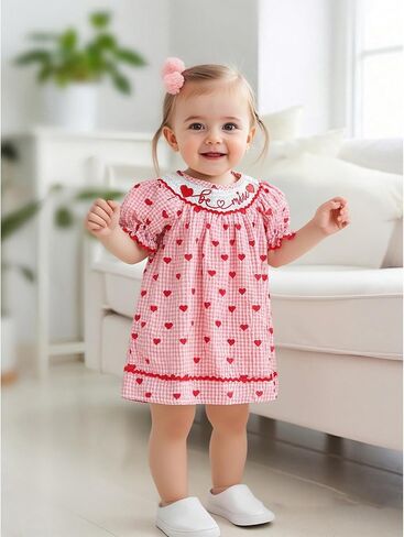 Toddler Girl Valentines Outfit Embroider Be Mine Red Checkered Heart Dress Baby Valentine's Day Dresses Clothes in Saudi Arabia
