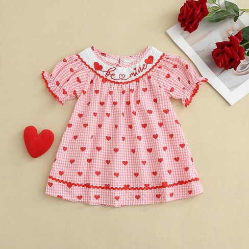 Toddler Girl Valentines Outfit Embroider Be Mine Red Checkered Heart Dress Baby Valentine's Day Dresses Clothes in Saudi Arabia