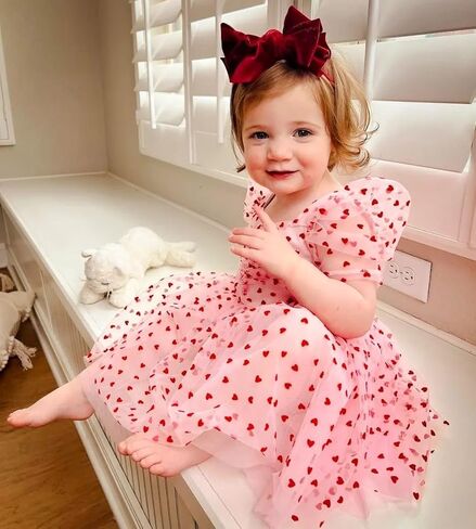 Sister Matching Clothes Baby Girls Valentines Day Romper Dress Heart Print Puff Sleeve Tulle Dress Birthday Outfits in Saudi Arabia