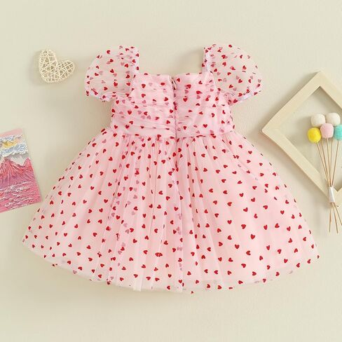 Sister Matching Clothes Baby Girls Valentines Day Romper Dress Heart Print Puff Sleeve Tulle Dress Birthday Outfits in Saudi Arabia
