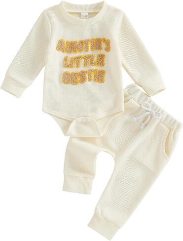 SAYOO Aunties Bestie Baby Clothes Gender Neutral Baby Boy Embroidery Waffle Sweatshirt Bodysuit Romper Long Pant Fall Outfit in Saudi Arabia