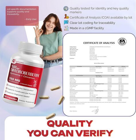 Dihydroberberine - Glucovantage - Super Berberine 760 mg مع صالة القرفة فينجيما الحلبة - الحد الأقصى للامتصاص - دعم صحة الأمعاء ، التمثيل الغذائي - غير الكائنات المعدلة وراثيًا ، خالية من الغلوتين - مصنوعة واختبارها في الولايات المتحدة الأمريكية in Saudi Arabia
