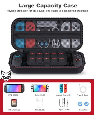 AXYBCOOL Switch 2 Case Compatible with Nintendo Switch 2(2025)/Switch/Switch OLED, Portable Hard Shell Switch 2 Travel Case for Accessories and Games with Cute Fox Shaped Zippers-Black in Saudi Arabia