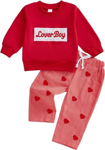 Valentines Toddler Baby Boy Outfit Lover Boy Long Sleeve Sweatshirt Pullover And Plaid Heart Print Pants 2 Piece Set in Saudi Arabia