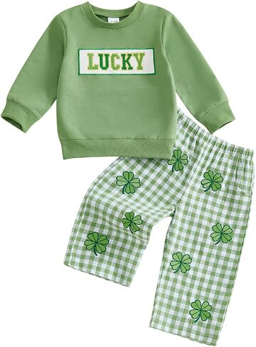 Valentines Toddler Baby Boy Outfit Lover Boy Long Sleeve Sweatshirt Pullover And Plaid Heart Print Pants 2 Piece Set in Saudi Arabia
