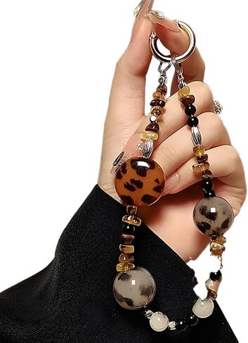 Phone Charm with Crystal/Handpainted Bead, Kawaii Hands-Free Wrist Strap for Women Girl, Cute Leopard Print Shell Bead, Luxury Bling Diamond Glitter Beaded, Phone Lanyard in Saudi Arabia