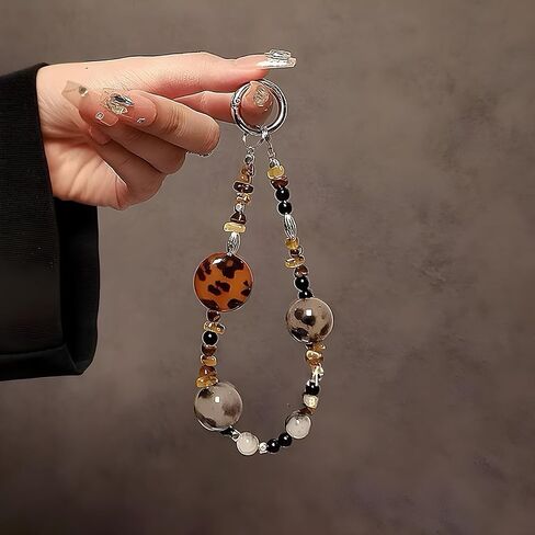 Phone Charm with Crystal/Handpainted Bead, Kawaii Hands-Free Wrist Strap for Women Girl, Cute Leopard Print Shell Bead, Luxury Bling Diamond Glitter Beaded, Phone Lanyard in Saudi Arabia