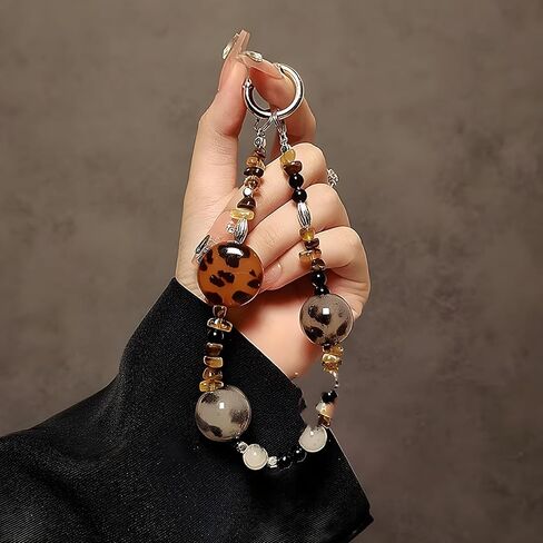 Phone Charm with Crystal/Handpainted Bead, Kawaii Hands-Free Wrist Strap for Women Girl, Cute Leopard Print Shell Bead, Luxury Bling Diamond Glitter Beaded, Phone Lanyard in Saudi Arabia