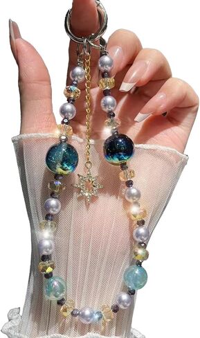 Phone Charm with Crystal/Handpainted Bead, Kawaii Hands-Free Wrist Strap for Women Girl, Cute Leopard Print Shell Bead, Luxury Bling Diamond Glitter Beaded, Phone Lanyard in Saudi Arabia