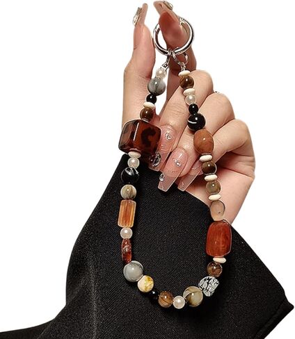 Phone Charm with Crystal/Handpainted Bead, Kawaii Hands-Free Wrist Strap for Women Girl, Cute Leopard Print Shell Bead, Luxury Bling Diamond Glitter Beaded, Phone Lanyard in Saudi Arabia