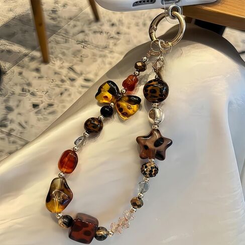 Phone Charm with Crystal/Handpainted Bead, Kawaii Hands-Free Wrist Strap for Women Girl, Cute Leopard Print Shell Bead, Luxury Bling Diamond Glitter Beaded, Phone Lanyard in Saudi Arabia