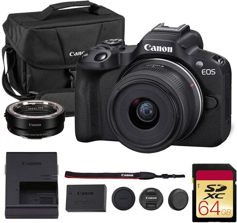 Canon EOS R50 Mirrorless Camera | 24.2MP APS-C, 4K 30p Video, Dual Pixel AF II, 15fps Burst, Vari-Angle Screen, Beginner Vlogging Camera (5811C002) + LP-E17 Battery + Canon Shoulder Bag + 64GB Card in Saudi Arabia