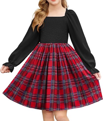 Arshiner Girls Long Sleeve Smocked Skater Fall Winter Elegant Dress with Pockets in Saudi Arabia