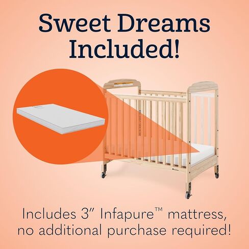 Foundations Serenity Compact Clearview Daycare Crib, Fixed Side, Durable Wood Construction, Adjustable Mattress Board, Clear End Panels. Includes 3" InfaPure Foam Mattress (Natural) in Saudi Arabia