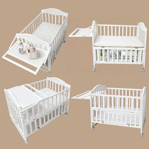 سرير أطفال صغير محمول - Cunas para Bebes مع رف تغيير ومرتبة متضمنة، سرير أطفال خشبي بعجلات 2025، سرير بجانب السرير للنوم للغرفة الصغيرة، أبيض in Saudi Arabia