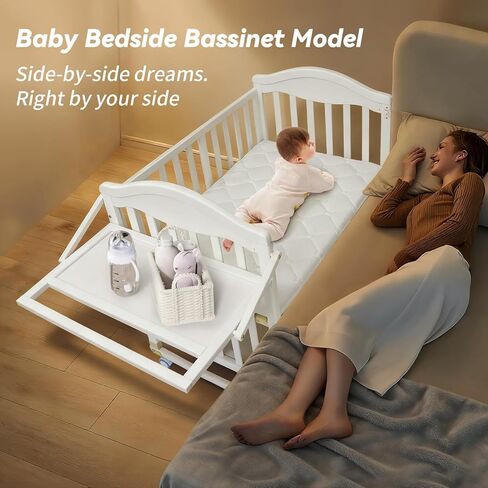 سرير أطفال صغير محمول - Cunas para Bebes مع رف تغيير ومرتبة متضمنة، سرير أطفال خشبي بعجلات 2025، سرير بجانب السرير للنوم للغرفة الصغيرة، أبيض in Saudi Arabia