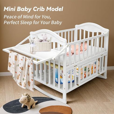 سرير أطفال صغير محمول - Cunas para Bebes مع رف تغيير ومرتبة متضمنة، سرير أطفال خشبي بعجلات 2025، سرير بجانب السرير للنوم للغرفة الصغيرة، أبيض in Saudi Arabia
