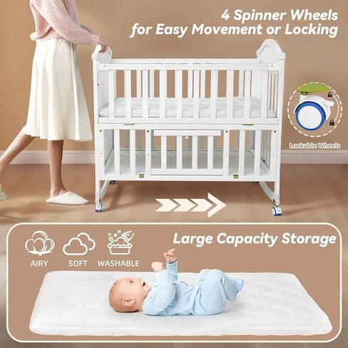سرير أطفال صغير محمول - Cunas para Bebes مع رف تغيير ومرتبة متضمنة، سرير أطفال خشبي بعجلات 2025، سرير بجانب السرير للنوم للغرفة الصغيرة، أبيض in Saudi Arabia