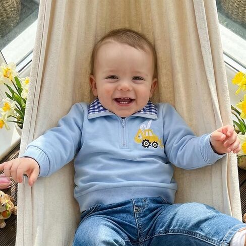 Toddler Baby Boy Easter Outfit Cute Bunny Embroidery Waffle Striped Long Sleeve Polo Shirt Button Up Pullover Top in Saudi Arabia