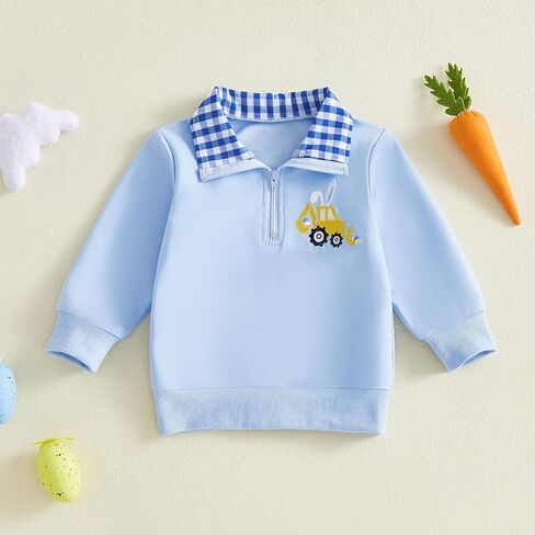 Toddler Baby Boy Easter Outfit Cute Bunny Embroidery Waffle Striped Long Sleeve Polo Shirt Button Up Pullover Top in Saudi Arabia