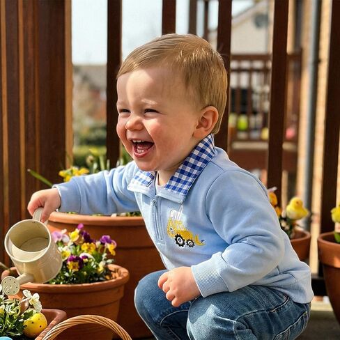 Toddler Baby Boy Easter Outfit Cute Bunny Embroidery Waffle Striped Long Sleeve Polo Shirt Button Up Pullover Top in Saudi Arabia