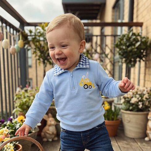 Toddler Baby Boy Easter Outfit Cute Bunny Embroidery Waffle Striped Long Sleeve Polo Shirt Button Up Pullover Top in Saudi Arabia