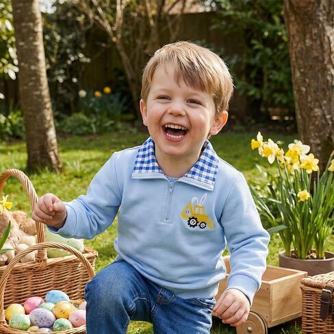 Toddler Baby Boy Easter Outfit Cute Bunny Embroidery Waffle Striped Long Sleeve Polo Shirt Button Up Pullover Top in Saudi Arabia