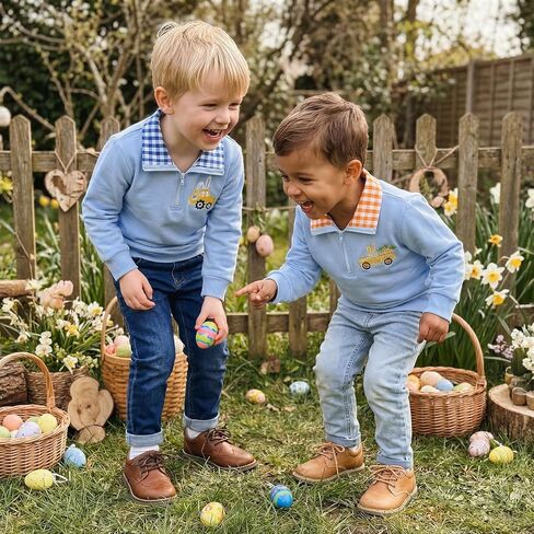 Toddler Baby Boy Easter Outfit Cute Bunny Embroidery Waffle Striped Long Sleeve Polo Shirt Button Up Pullover Top in Saudi Arabia