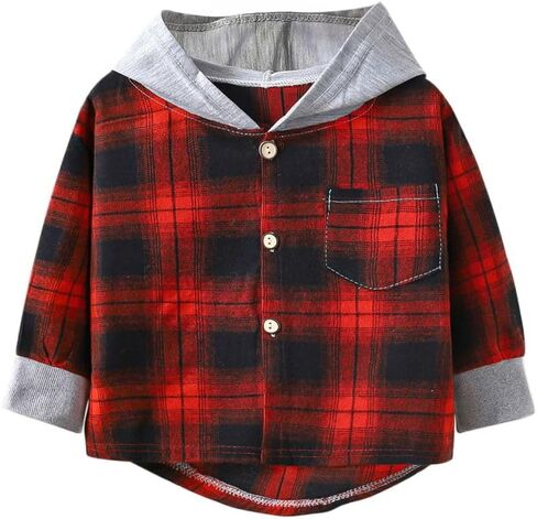 Toddler Baby Boy Girl Fall Winter Clothes Hooded Plaid Shirt Jacket Button Down Kids Spring Tops 3-14 Years in Saudi Arabia