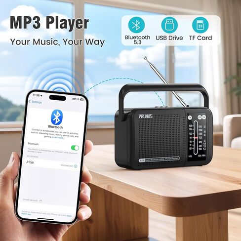 راديو محمول PRUNUS J156 AM FM SW بلوتوث، شحن USB-C وراديو يعمل بالبطارية، صوت ممتاز، تشغيل بطاقة TF/USB، عجلات ضبط وحجم الصوت، مقبس سماعة أذن 3.5 مم، هدية لكبار السن in Saudi Arabia