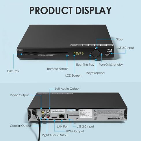 مشغل BLU RAY، مشغل أقراص Blu-ray عالي الدقة 1080 بكسل للتلفزيون/جهاز العرض والمسرح المنزلي مشغل أقراص Blu Ray يدعم أقراص Blu-ray المنطقة A/1، وأقراص DVD لجميع المناطق، وتشغيل القرص الصلب U، مخرج HDMI/AV/محوري in Kuwait