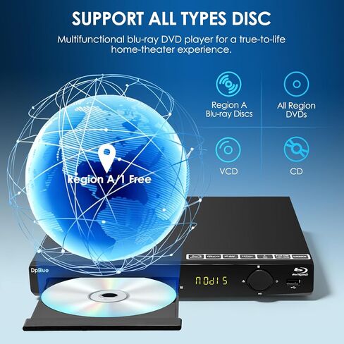 مشغل BLU RAY، مشغل أقراص Blu-ray عالي الدقة 1080 بكسل للتلفزيون/جهاز العرض والمسرح المنزلي مشغل أقراص Blu Ray يدعم أقراص Blu-ray المنطقة A/1، وأقراص DVD لجميع المناطق، وتشغيل القرص الصلب U، مخرج HDMI/AV/محوري in Kuwait