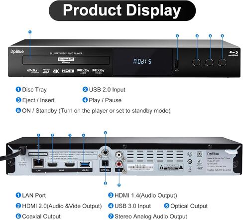 مشغل بلو راي 4K UHD لجهاز عرض التلفزيون يدعم المنطقة A أقراص Blu Ray 3D 4K جميع المناطق، أقراص DVD مخرج HDMI مزدوج HDR10 Dolby Vision Dolby Atmos 4K Ultra HD Blu ray DVD Player BT.2020 Color Gamut in Kuwait