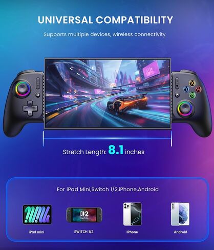 وحدة تحكم LIFUFUTEE Switch 2 لجهاز Nintendo Switch 2/1/OLED وiPhone وAndroid، وحدة تحكم ألعاب محمولة لاسلكية RGB مع عصا تحكم بتأثير Hall بدون انجراف، قابلة للبرمجة ماكرو وتوربو، تعمل مع Xbox Cloud وSteam Link in Kuwait