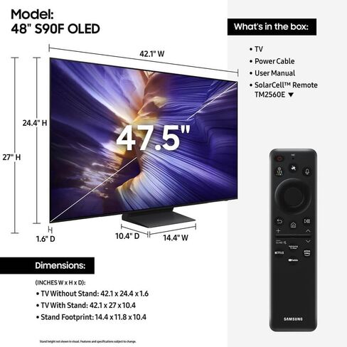 تلفزيون سامسونج الذكي فئة 48 بوصة OLED S90F 4K (موديل 2025) معالج NQ4 AI Gen3، 4K AI Upscaling Pro، OLED HDR +، Motion Xcelerator 144 هرتز، Samsung Vision AI، Alexa مدمج in Saudi Arabia