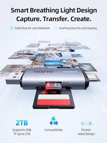 قارئ بطاقة llano SD USB C، USB 3.0 قارئ بطاقة Micro SD محول بطاقة ثنائي الفتحات، قارئ بطاقة ذاكرة 2 في 1 لـ MicroSD، SDHC، SDXC، متوافق مع iPhone 17/16/15، MacBook، iPad، Android، Windows in Saudi Arabia