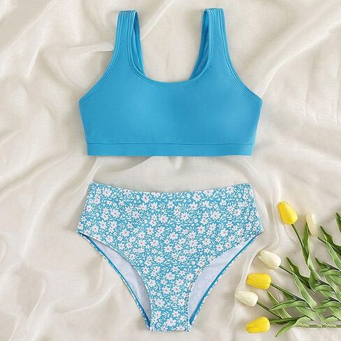 لطيف المايوه للفتيات في سن المراهقة Tankini توين لباس سباحة طفل الأزهار طباعة عالية الخصر مجموعة البكيني 2 قطعة ملابس السباحة in Kuwait