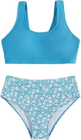لطيف المايوه للفتيات في سن المراهقة Tankini توين لباس سباحة طفل الأزهار طباعة عالية الخصر مجموعة البكيني 2 قطعة ملابس السباحة in Kuwait