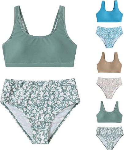 لطيف المايوه للفتيات في سن المراهقة Tankini توين لباس سباحة طفل الأزهار طباعة عالية الخصر مجموعة البكيني 2 قطعة ملابس السباحة in Kuwait